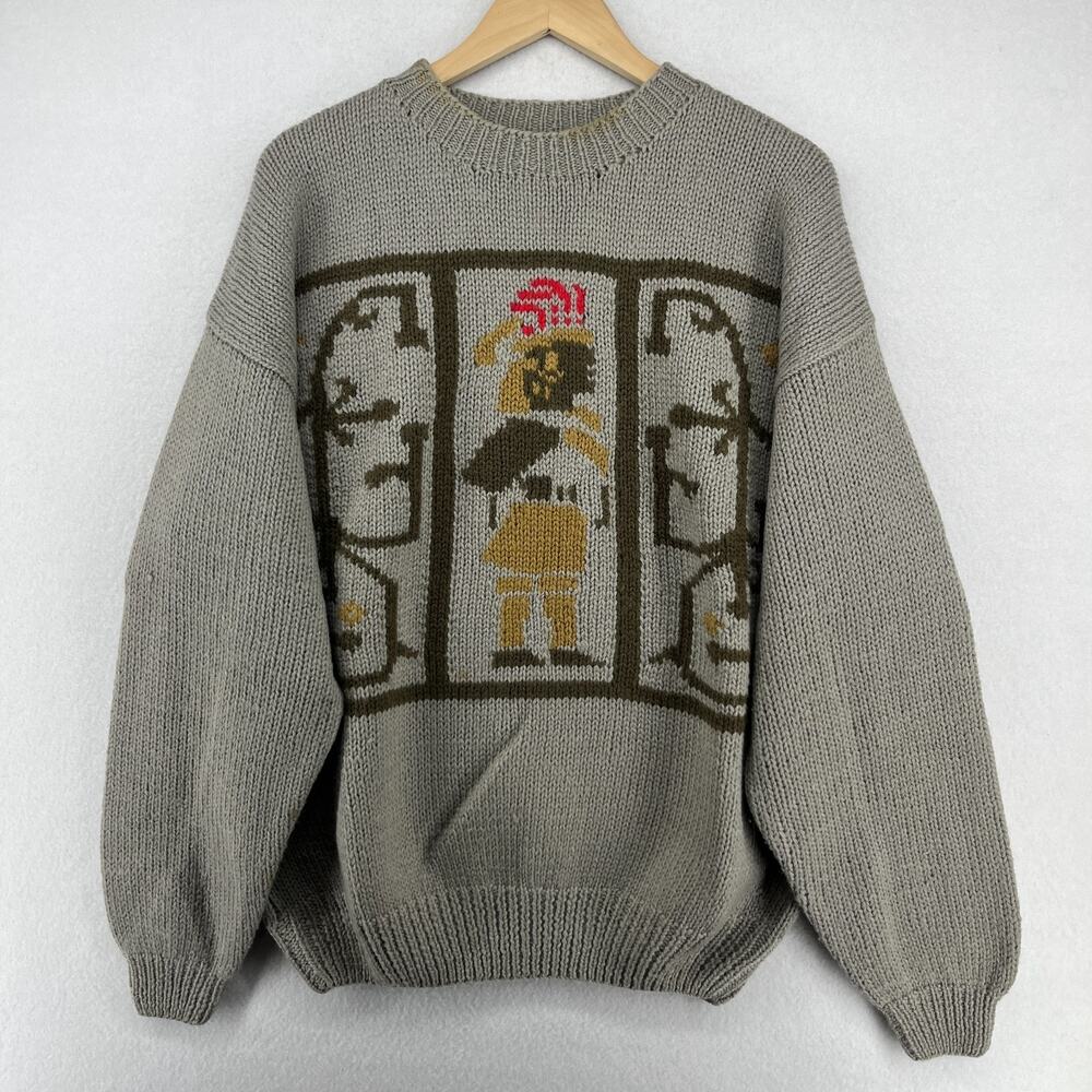 ACA Sweater Mens S 100% Wool Hand Knit Pullover Jumper Brown VTG 80s